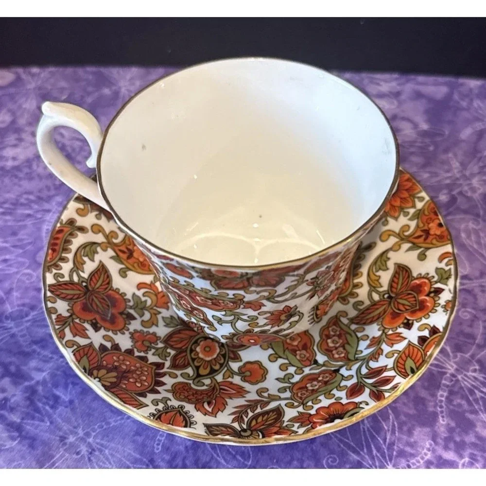 Royal Coach Teacup Saucer Orange Paisley Bone China Staffordshire England‎ VTG